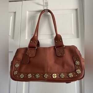 MC Brown Leather Shoulder Bag with Gold Embellishments Purse excellent!